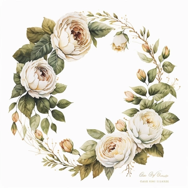 realistic hand painted watercolor of a wreath of david austin english white roses, clean white background, clipart