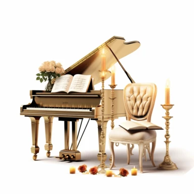 luxury gold piano with a seat, roses, music book and luxury candles digital clipart on white background