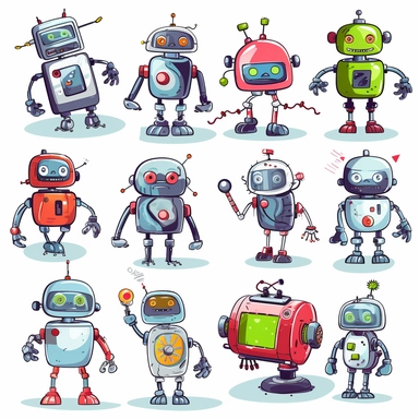 cute robot clipart scene, detailed descriptions: smiling android, round-bodied mini-bot, charming wheeled robot, friendly bipedal machine, whimsical helper bot, curious little drone, endearing robotic pet, expressive humanoid robot, tiny modular robot, lovable AI assistant, environment: white background, mood/feelings: joyful, whimsical, friendly, welcoming, harmonious, realization: digital illustration, vector art, bold colors, clean lines, stylized designs