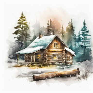 snow coverd log cabin, watercolor, clipart, 300dpi