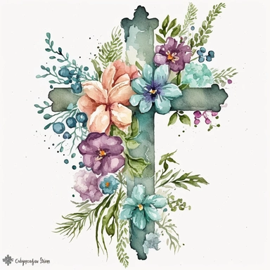 christian cross flowers water color clip art