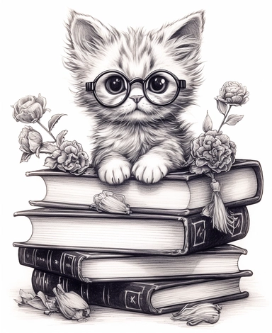 cartoon kitten with glasses sitting on books clipart illustration coloring pages, in the style of highly detailed realism, alson skinner clark, cluj school, david yarrow, jeremiah ketner, science-based, precisionist lines