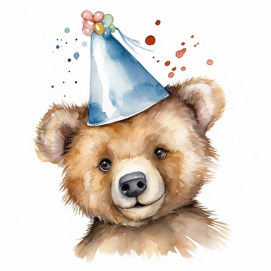 cute little bear wearing birthday cap, high definition, 16k, insanely detailed, fine detail, sharp focus, streamlined illustration, watercolor illustration, white background, vector isolated clipart