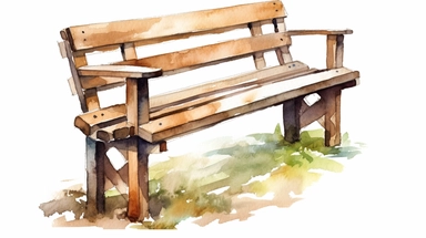 A rustic wooden garden bench clipart, white background, watercolor drawing