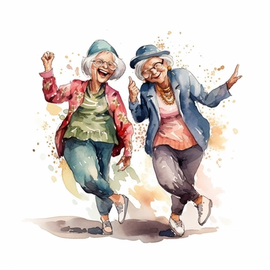 watercolor, clipart, cartoon style, funny old ladies dancing