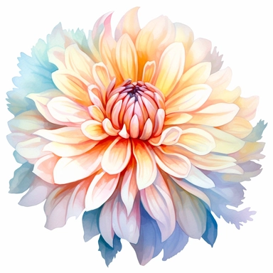Watercolor snow white dahlia clipart on a white background in the style of feminine sticker art, Tanya Shatseva, storybook illustration, pure and pristine shades, Georgia O'Keeffe, flower and nature motifs, colored line art, colored outlines, cottagecore design, watercolor on white background, ombre, warm tones, colored line art, colored outlines, iridescent ombre, gradient shading, winter snow tone, vibrant digital art oil paint photorealism, an illustration of a colored flower, meticulous sket