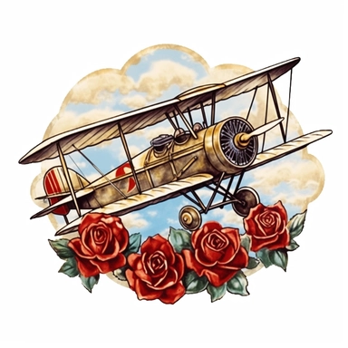 watercolor an old biplane atop a field of roses, in the style of classic tattoo motifs, 32k uhd, naïve drawing, aquarellist, arts & crafts, symbolic elements, mechanical designs Clipart desert cartoon t-shirt graphic, vector,contour, isolated on a white background