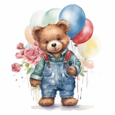 Cute Brown Teddy holding Ballons and Rose male and femal in Denim Dungree in watercolor Clipart