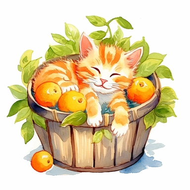 Watercolor kitten peacfully sleeping in a laundry basket clipart, surrounded by oranges and orange leaf and branches, couple of oranges, high detail oranges, high quality drawing, high quality, body visible, summer colors, hairs are visible, variety of kitten type, summer day theme, valentines day theme, full body kitten, crawling in basket, peacefull fealing, childlike innocence and charm, peacefully sleeping cat, shy kitten, oh my god I wanna hug it, Oh my god its so cute, hand painted waterco