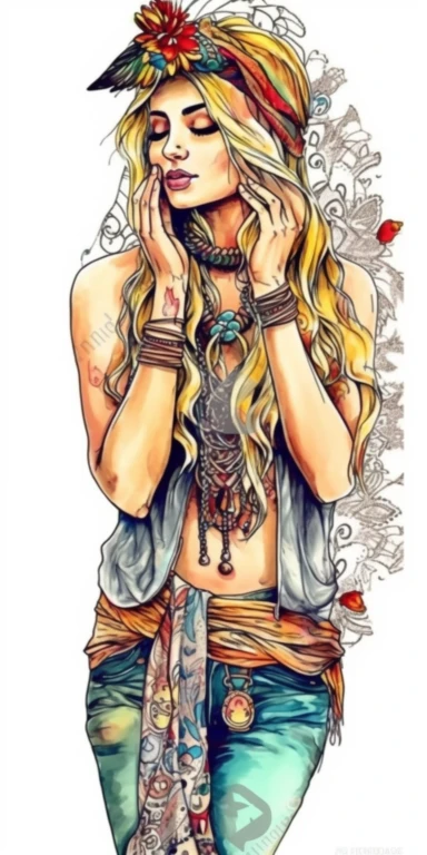 woman in fashion pose, Bohemian, exotic, blue eyed and blonde haired woman with a headband with flowers and feather, cowboy boots, lotus choker, large earrings, tattoos, hands in prayer, wearing her heart on her sleeve, watercolor illustration on white background, watercolor clipart on white background, watercolor sticker on whtie background, in th e style of Job ID: 604300f4 - 6984 - 4a9a - aa16 - 00313a985d77 Seed: 1300855054