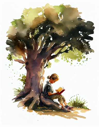 detailed watercolor child reading a book under a big tree, long shot, wide angle, realistic, isolated on white background, clipart