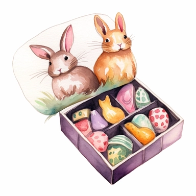 whimsical watercolour cute clip art against a white background Easter themed box of chocolates