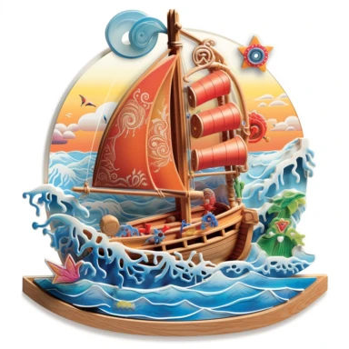 Visualize a whimsical sailing scene, framed within a heart-shaped border. The sailboat dances through vibrant waves, beneath a radiant sun and a sky filled with fluffy clouds. The illustration, blending clipart elements with hyper-realistic details, captures the charm of the boat, the intricate rigging, and the characters reveling in the journey. Against the white background, the high-resolution artwork within the heart-shaped frame emanates a sense of adventure, warmth, and love