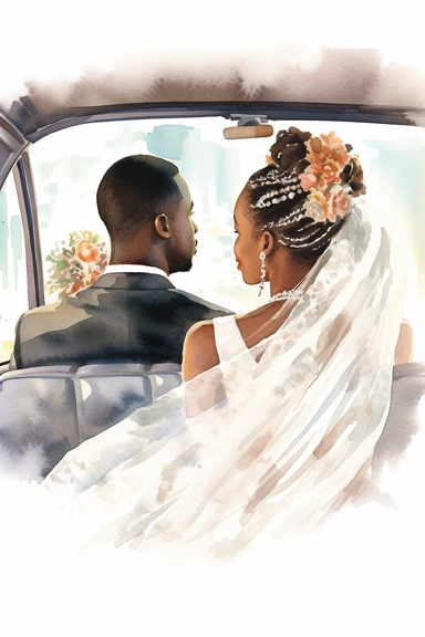 realistic watercolor drawing of dark skinned bride wearing veil and dark skinned groom leaving wedding in a car clipart, view of the back, in style of Michiel van Huysum, subtle faded color variations, hyper-detailed hd clipart, on white background, spaced out