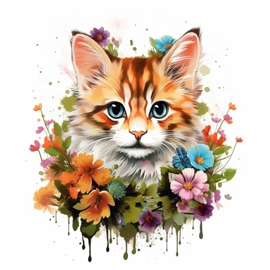 Beautiful colorful kitten on flowers, summer vibes, hand drawing digital art, clean design, sublimation, colorful, watercolor style, white background, 4K, extremely detailed, clipart