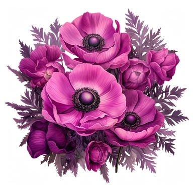 dark Magenta anemone flower bunch, watercolor, clipart, highly detailed, HD, arranged in a circle frame