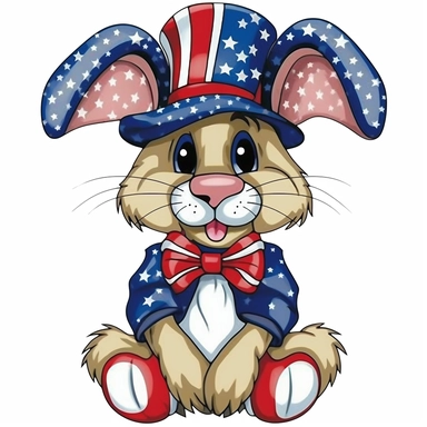 Easter Bunny with a patriotic hat and patriotic tie, clear eyes, kiss-cut, vector, clipart, isolated, no background, .75 gutter,
