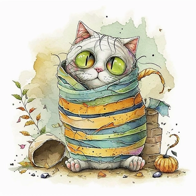 cute mummy cat halloween, Watercolor style, Clipart,highly detailed on white background