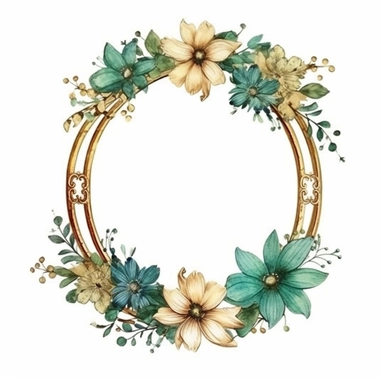 watercolor clipart of a empty suttle dainty floral oval frame surrounded by gold color flowers and emerald green flowers. Capture the essence of blooming beauty and intricate details in your artwork, white background