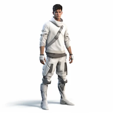 A young male, full body shoot, urban wear 1000years into the future post ecological evolution. unreal game engine style, different poses, detail, clipart, white background, one of a kind--ar 16:9