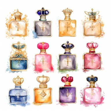 Eleven Watercolor Princes Perfumes Clipart by Nita Engle on solid white background