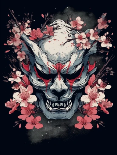 t shirt design,hannya mask, cherry blossoms, abstract, simple, clipart, detailed, vector graphic,