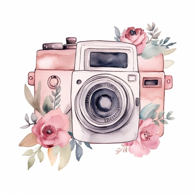 Watercolor polaroid camera, wedding clipart, simple, soft colors, cartoon elements, watercolor boho style, white transparent