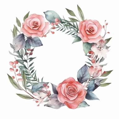 A romantic wreath composed of soft watercolor roses and eucalyptus leaves, perfect for wedding or anniversary-themed designs watercolor art style clip art