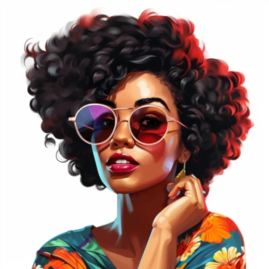 face of a beautiful black girl from the 50s, stunned, afro hairstyle, sunglasses loosely on her nose, makeup in warm vibrant colors, she looks smiling at her face with a finger as if advertising her makeup, clipart, white background, Pixar style,--v 5