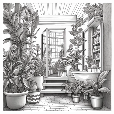 coloring page for adults, bathroom, urban jungle, clipart style, monsetra deliciosa, no shading, thin lines, only white--ar 9:11