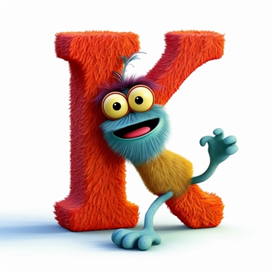 clipart style letter K, dr. suess style, with arms, legs and a friendly cute face for children