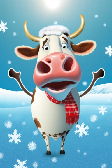 no text, winter wonderland background with snow and snowflakes, 3d whole body clipart of a smiling, friendly cow wearing a santa clause hat, christmas vibes, cartoon network style, friendly face, head unproportionally bigger than body, detailed body shape, front shot, insanely big shiny eyes, caricatured face, insanely glossy, plastic like fur and skin, unrealistic, 8k photography, cinematic, super cute face, Photography, Ultra-Wide Angle, Depth of Field, hyper-detailed, beautifully color-coded,