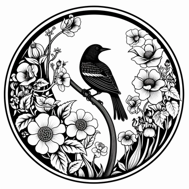 Left aligned, bottom aligned, quarter of a circle, art nouveau style, black lines, detailed, flat design, flat flowers and bird, white background, clipart style, black and white,