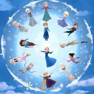 elsa`s world frozen animation style sky atmospher, don`t show characthers, disney pixar style, top view, circle format, clipart