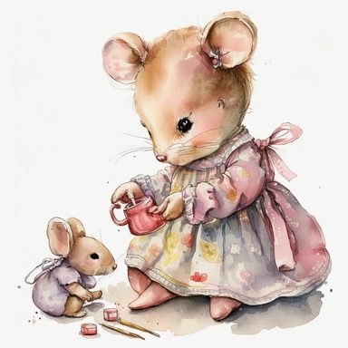 clipart watercolor realistic cute little mouse is playing with dolls and is dressed like a girl