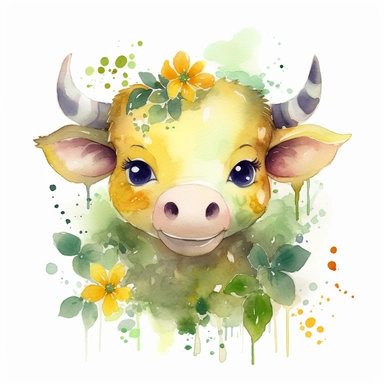 a moving baby taurus with cute big eyes, happy smiling face, cute animal, adorable, playful atitude, astrology, adorable watercolor animal clipart with a few plant and flowers decor, no background, high quality very sharp with clear focus