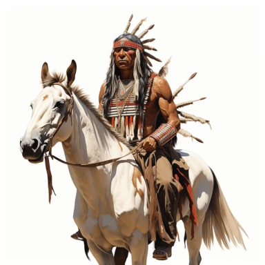 Comanche warrior on horseback, full length, clipart, white background