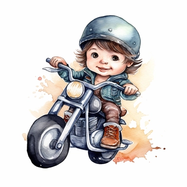 Cute little biker boy riding a Harley Davidson watercolour white background clipart