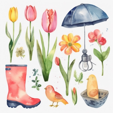 Watercolor Spring Clipart, Spring Clip Art, Flowers, Spring, Rainboot, Bird, Umbrella, Bicycle, Gardening, Tulips, Watercolour Clip Art