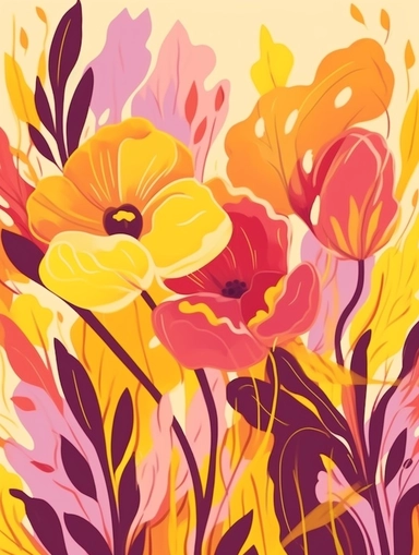 vector floral clipart, in the style of bold color experimentation, magenta and amber, gouache, shaped canvas, soft pastel, illustration