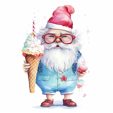 santa summer smile and cute big eyes wear big glasses full body , eat ice cream summer , cute funny laugh detailed digital art, whimsical and cute, cute detailed artwork, glimmering, adorable and whimsical, whimsical art, watercolor Clipart style
