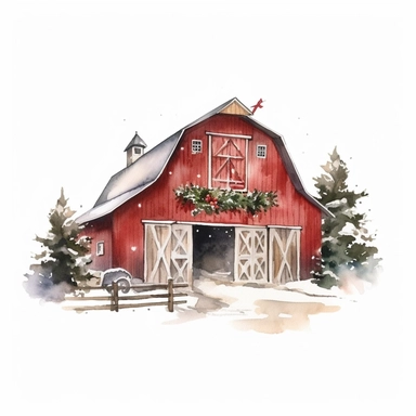 vector watercolor close up winter christmas farm barn decorated in Christmas style decor in winter clipart on white background, close up view, winter christmas farm barn, photorealistic, ultrarealistic, no background, on white