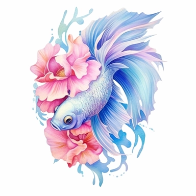 Pastel Cute Beautiful Fairy Fish Flower Watercolor Clipart,Cartoon, hyper realistic, intricate detail, illustration style,high solution,on the white background