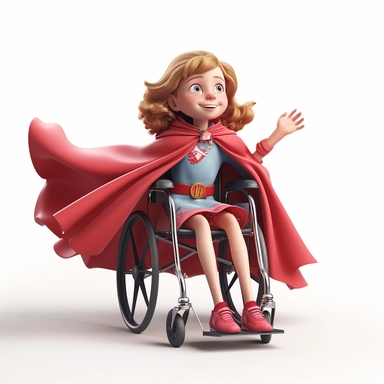 cinematic establishing pixar style cartoon shot full body view clipart - 7 year old american girl in a wheelchair with beautiful hair in summer, beautiful big eyes shining, smiling, superhero princess clothes with cape , arms up celebrating, very bright, light edging, crisp detail