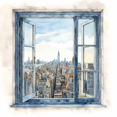 watercolor, hyper realistic, white background, white margins, 16k, ultra detailed clipart, cut out image, hand-drawn illustration style for picture books a window with a stunning view of the New York skyline in warm shades of blue and grey