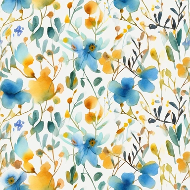 seamless pattern, painting of delicate cute summerflowers, vibrant colors, yellow and blue, single flowers, watercolor watercolour, clipart, pattern designs, animated gifs, simplistic, minimalist, abstract