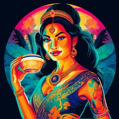 Illustrate a clipart image showcasing a beautiful thai woman with radiant eyes that shine brightly drinking a glow in the dark, neon, coconut. Use a rich and diverse color palette to enhance her appearance, and ensure the image is detailed and crisp. The background should be pure white