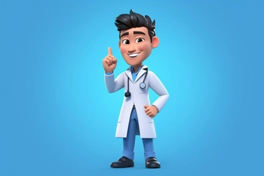 3d render. Cartoon character young caucasian Chinese man doctor, wears uniform, shows like gesture thumb up. Medical clip art isolated on blue background. Health care recommendation