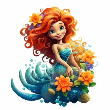 A beautiful smiling mermaid, highly detailed, long hair, beautiful flowers and coral, highly detailed tail, full body image, pixar style, clipart