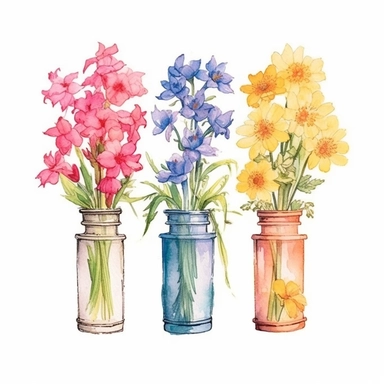 Design a hand-drawn watercolor clip art image of a family gift niche adorned with birth flowers representing each family member. Customize the image by selecting the birth flowers for a family of five: a January baby (Carnation), a March baby (Daffodil), a July baby (Larkspur), an October baby (Marigold), and a December baby (Holly). Ensure that the colors are vibrant and the composition radiates love and warmth.